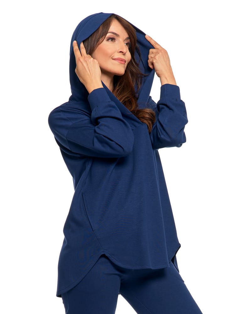 Bluzy damskie - Damska bluza oversize z kapturem i dekoltem w serek GRANATOWY - produkt moraj.pl 5