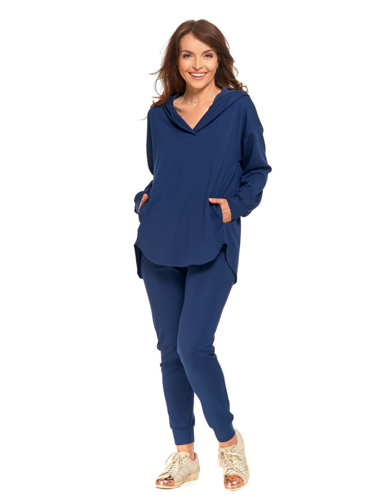 Bluzy damskie - Damska bluza oversize z kapturem i dekoltem w serek GRANATOWY - produkt moraj.pl 8