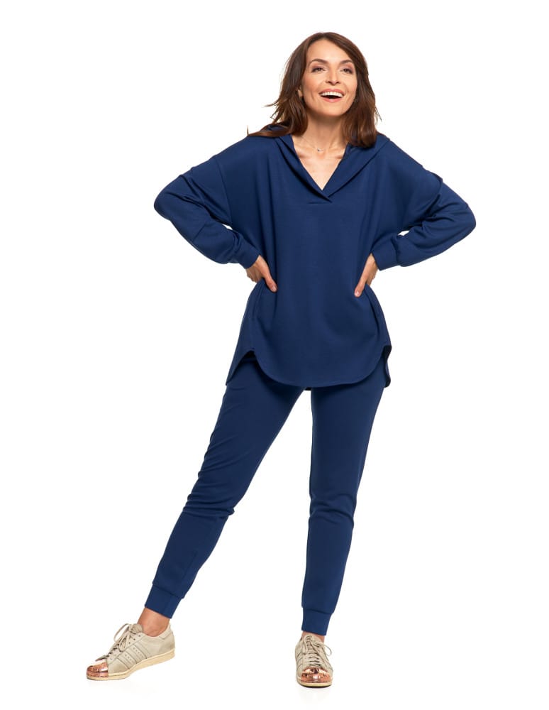 Bluzy damskie - Damska bluza oversize z kapturem i dekoltem w serek GRANATOWY - produkt moraj.pl 9