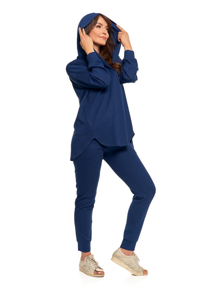 Bluzy damskie - Damska bluza oversize z kapturem i dekoltem w serek GRANATOWY - produkt moraj.pl 12