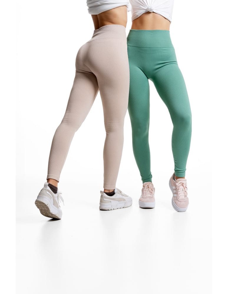 Legginsy damskie - Legginsy damskie z wysokim stanem prążkowane sportowe BEŻOWY - produkt moraj.pl 7