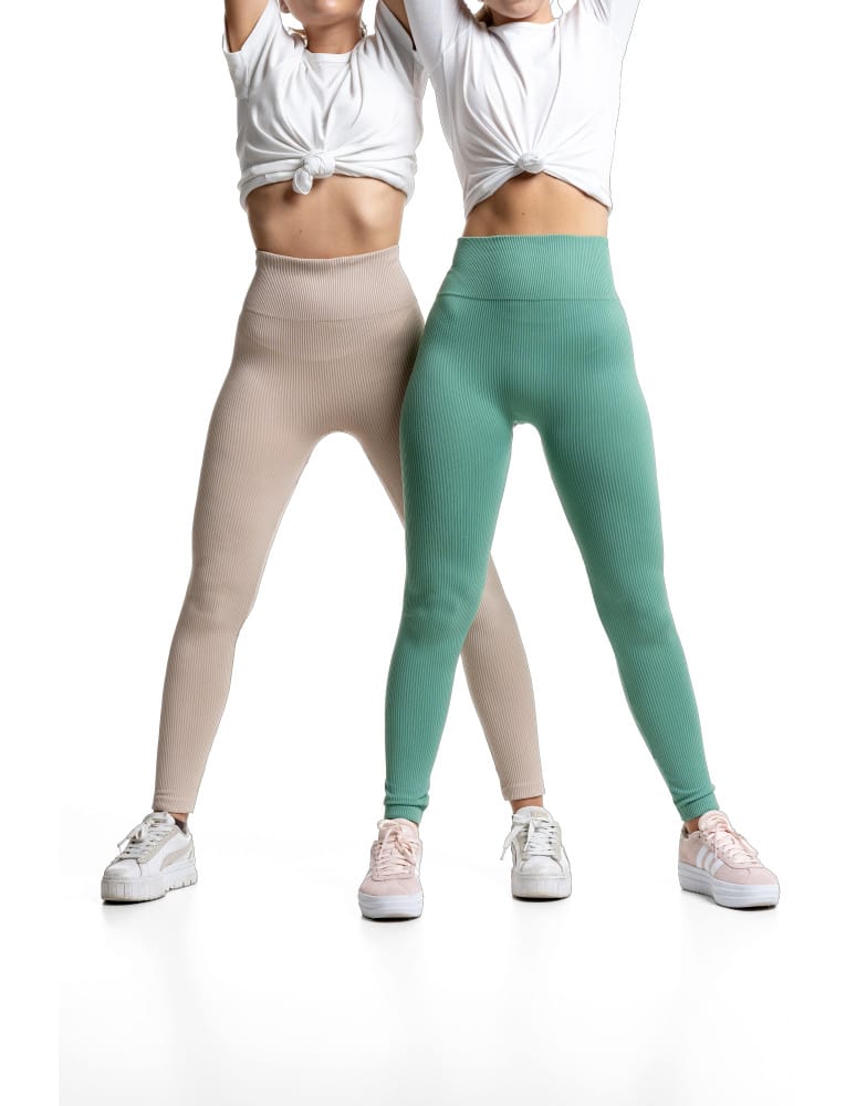 Legginsy damskie - Legginsy damskie z wysokim stanem prążkowane sportowe BEŻOWY - produkt moraj.pl 8