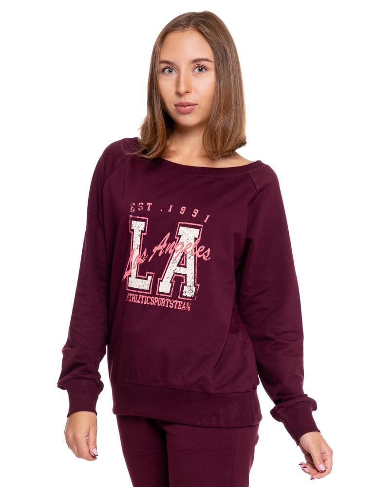 Bluzy damskie - Bluza damska dresowa o klasycznym kroju z nadrukiem BORDOWY  - produkt moraj.pl 4