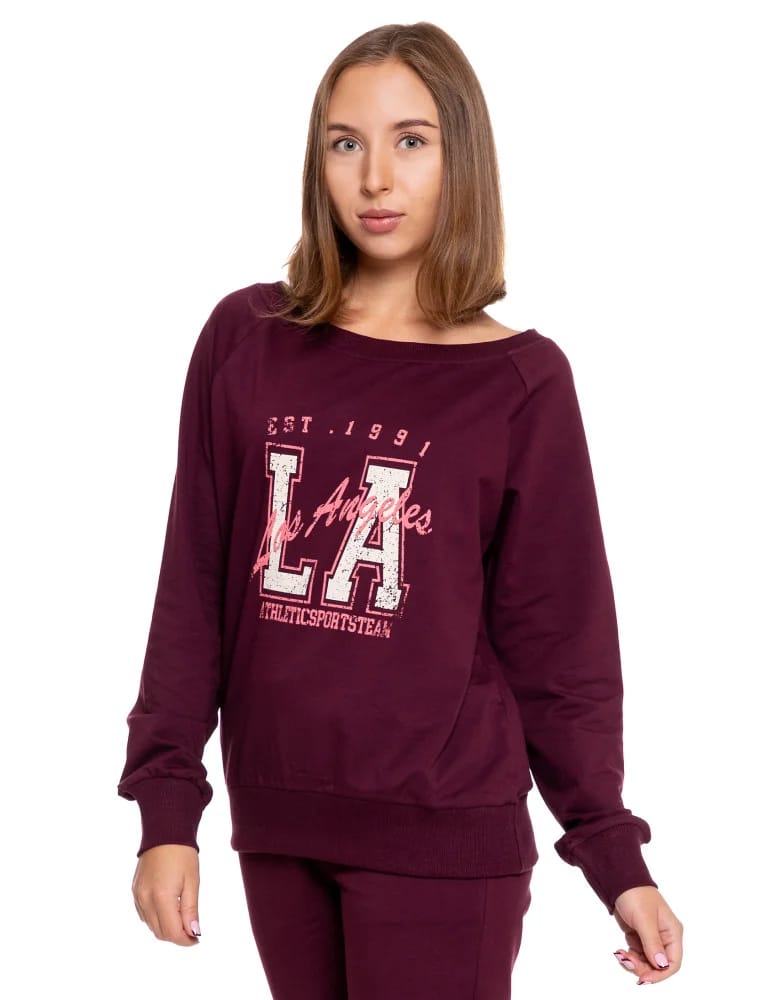 Bluzy damskie - Bluza damska dresowa o klasycznym kroju z nadrukiem BORDOWY - produkt moraj.pl 4
