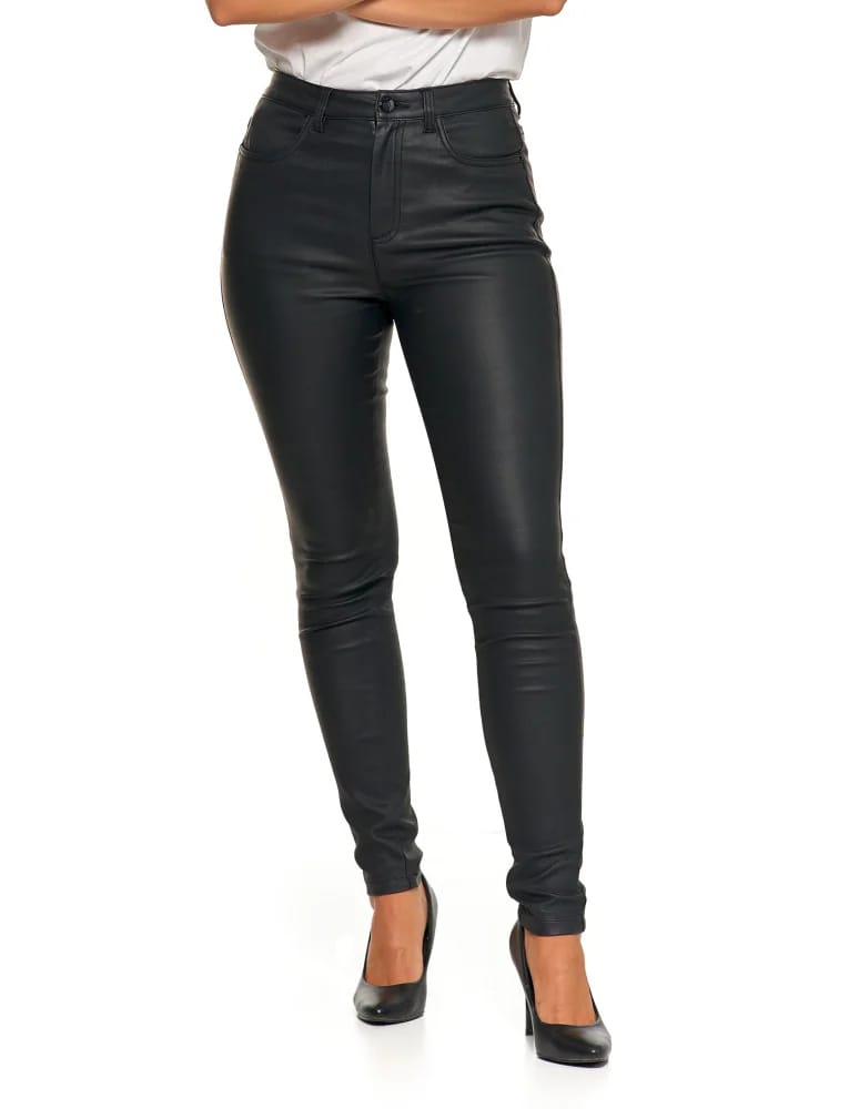 Spodnie damskie - Spodnie damskie skinny z wysokim stanem woskowane CZARNY - produkt moraj.pl 3