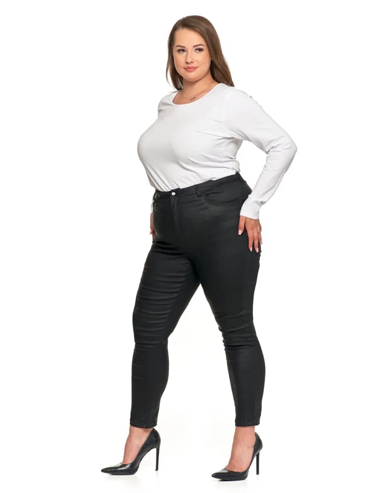 Spodnie damskie - Spodnie damskie skinny z wysokim stanem woskowane CZARNY - produkt moraj.pl 11