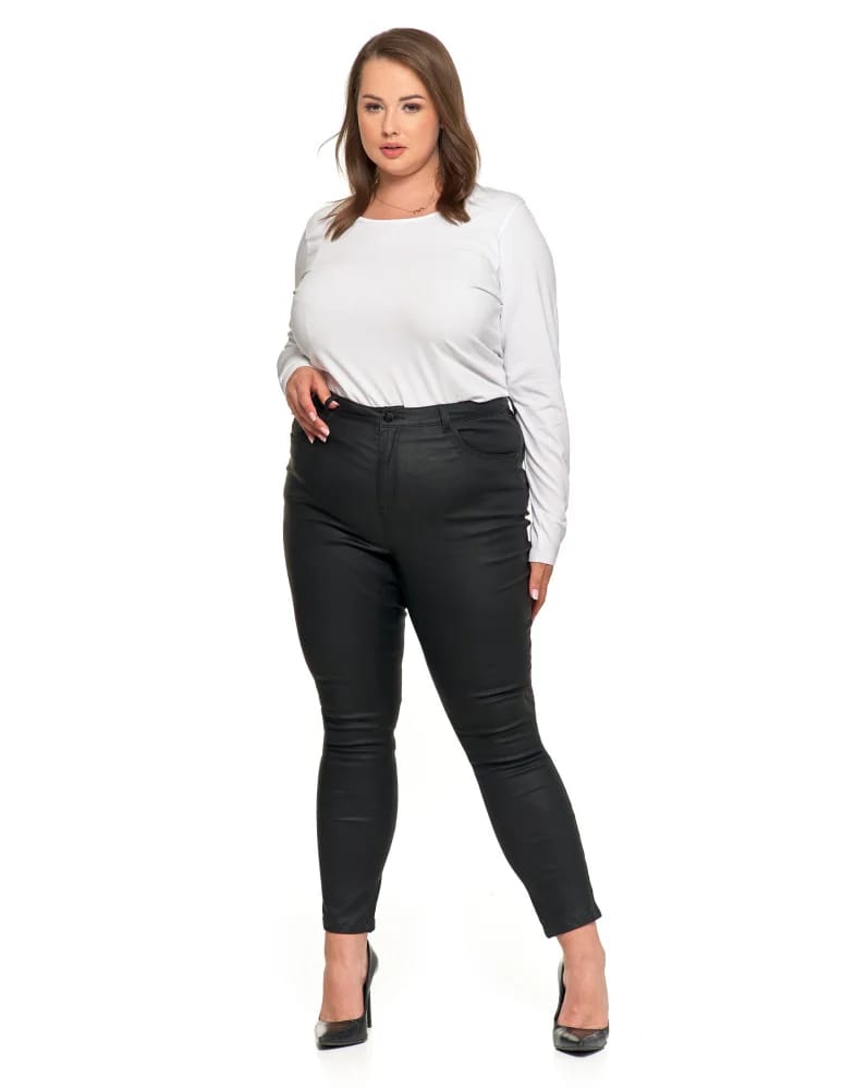 Spodnie damskie - Spodnie damskie skinny z wysokim stanem woskowane CZARNY - produkt moraj.pl 9