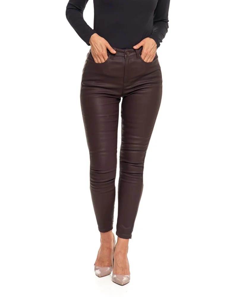 Spodnie damskie - Spodnie damskie skinny z wysokim stanem woskowane BRĄZOWY - produkt moraj.pl 3