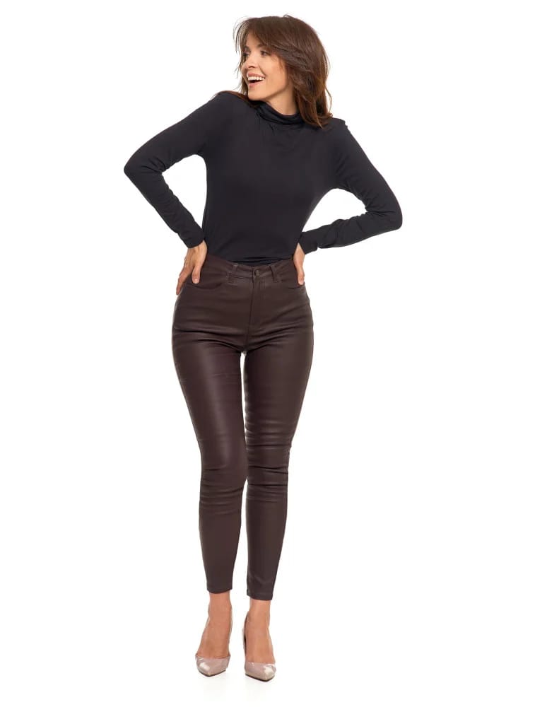Spodnie damskie - Spodnie damskie skinny z wysokim stanem woskowane BRĄZOWY - produkt moraj.pl 4