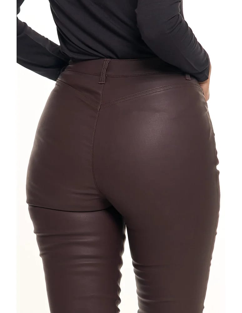 Spodnie damskie - Spodnie damskie skinny z wysokim stanem woskowane BRĄZOWY - produkt moraj.pl 5