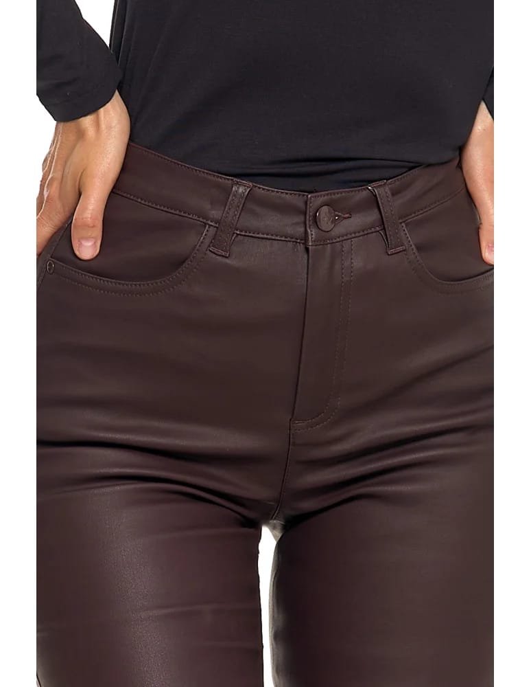 Spodnie damskie - Spodnie damskie skinny z wysokim stanem woskowane BRĄZOWY - produkt moraj.pl 6