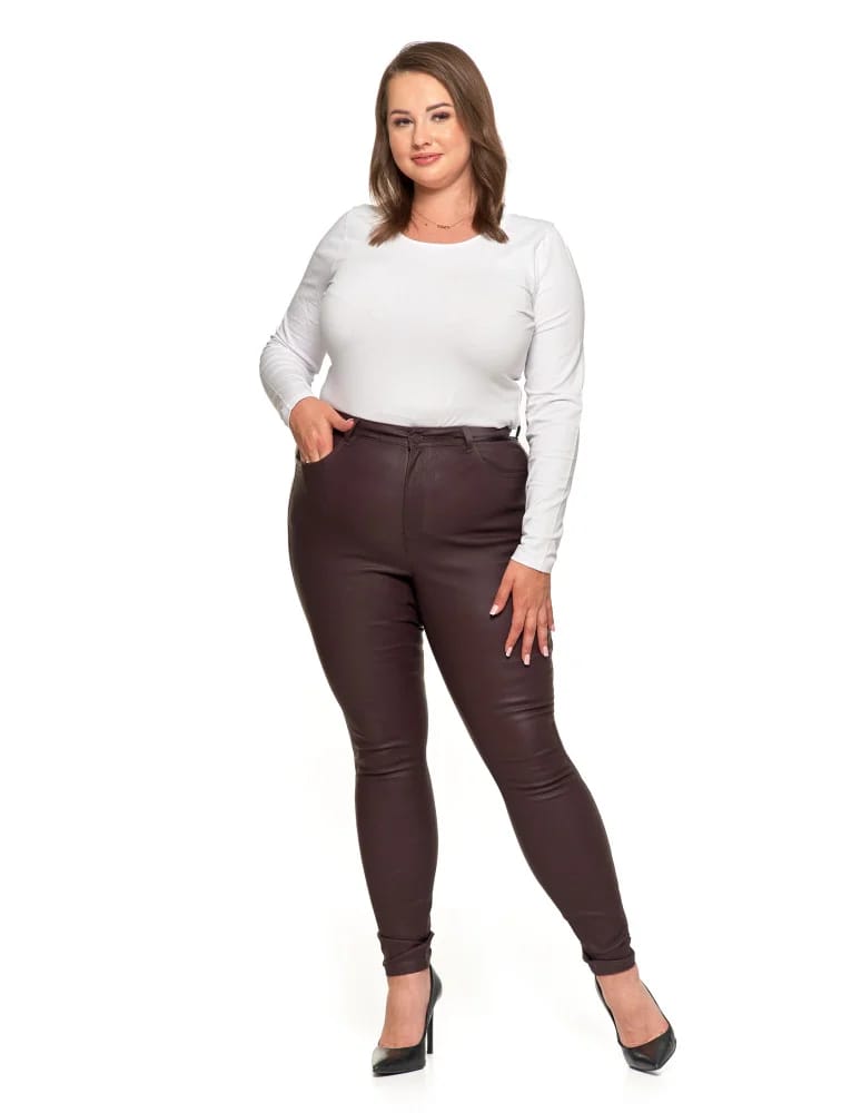 Spodnie damskie - Spodnie damskie skinny z wysokim stanem woskowane BRĄZOWY - produkt moraj.pl 8