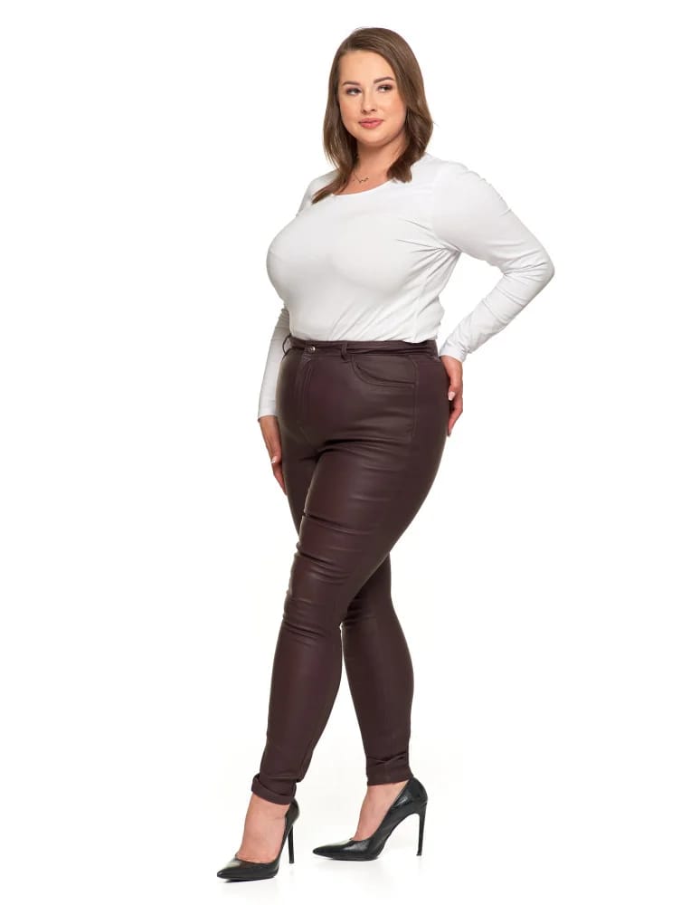 Spodnie damskie - Spodnie damskie skinny z wysokim stanem woskowane BRĄZOWY - produkt moraj.pl 9
