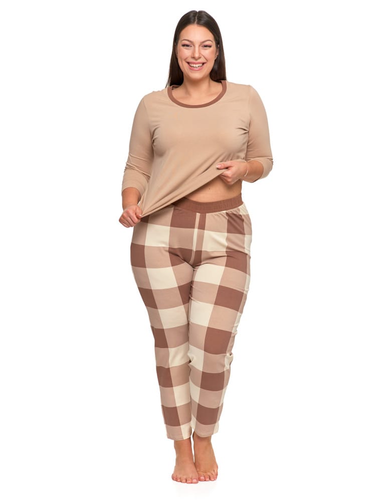Długi rękaw - Piżama damska Plus Size z rękawem 3/4 i prostymi spodniami BEŻOWY - produkt moraj.pl 2