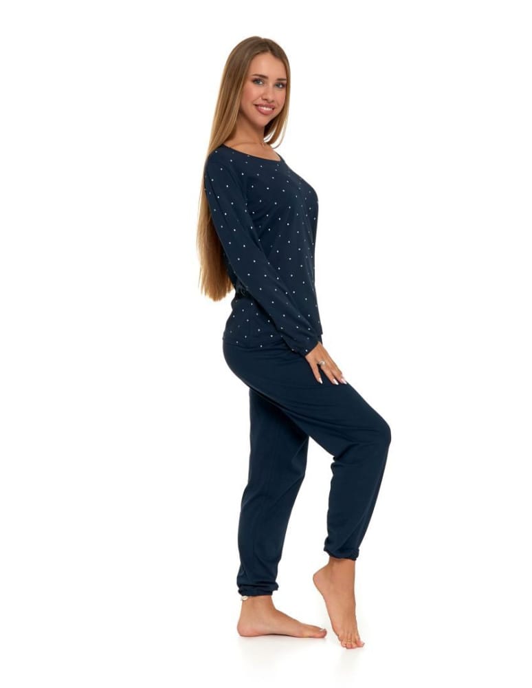 Piżama damska bawełniana długa w kropki Plus Size GRANATOWY