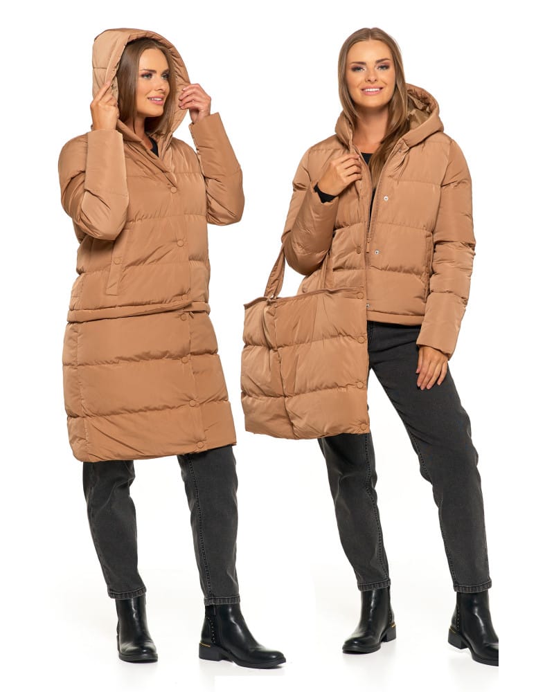 Kurtki i kamizelki - Długa kurtka damska puchowa z wypełnieniem syntetycznym 2w1 BEŻOWY - produkt moraj.pl 1