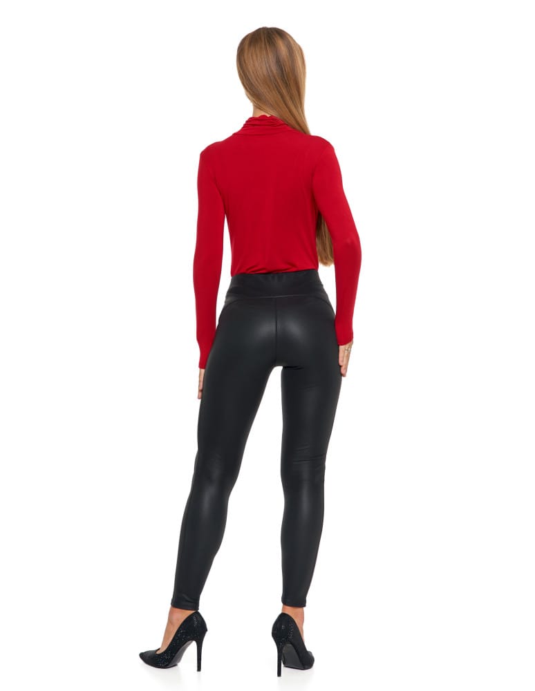 Legginsy damskie - Legginsy damskie z wysokim stanem imitujące sk&oacute;rę CZARNY  - produkt moraj.pl 2