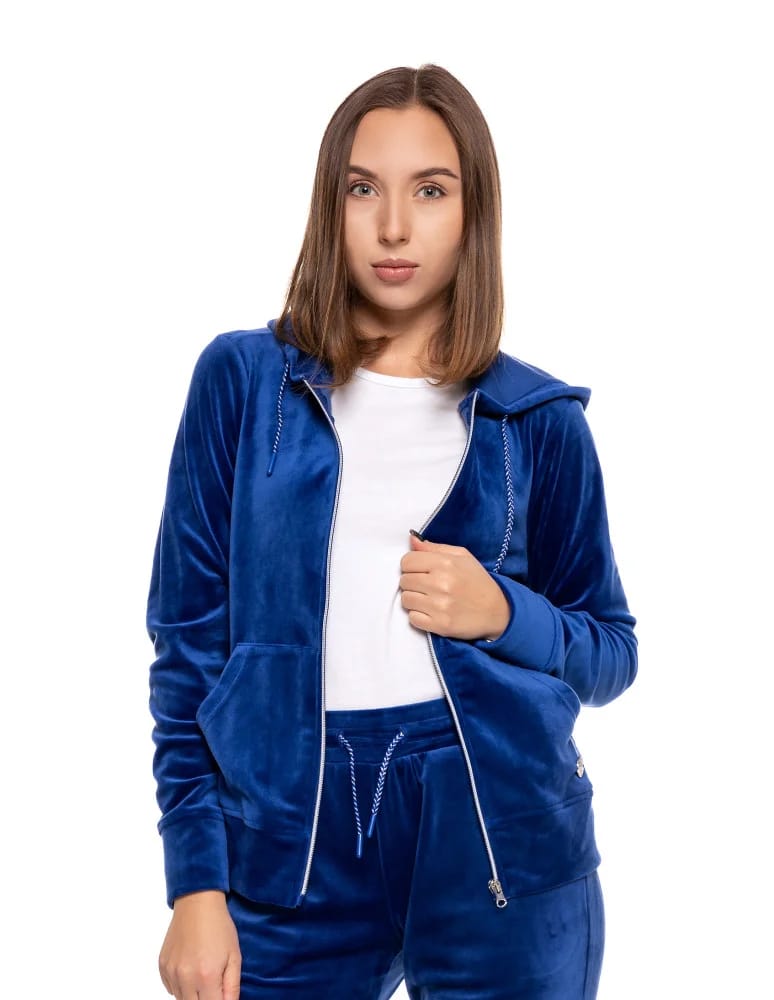 Bluzy damskie - Welurowa bluza damska rozpinana z kapturem NIEBIESKI  - produkt moraj.pl 7