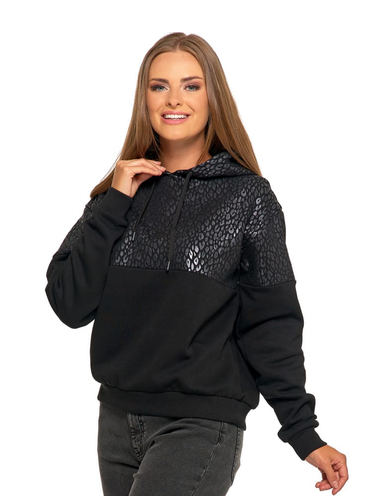 Bluzy damskie - Damska bluza z kapturem ocieplana z motywem graficznym CZARNY  - produkt moraj.pl 5