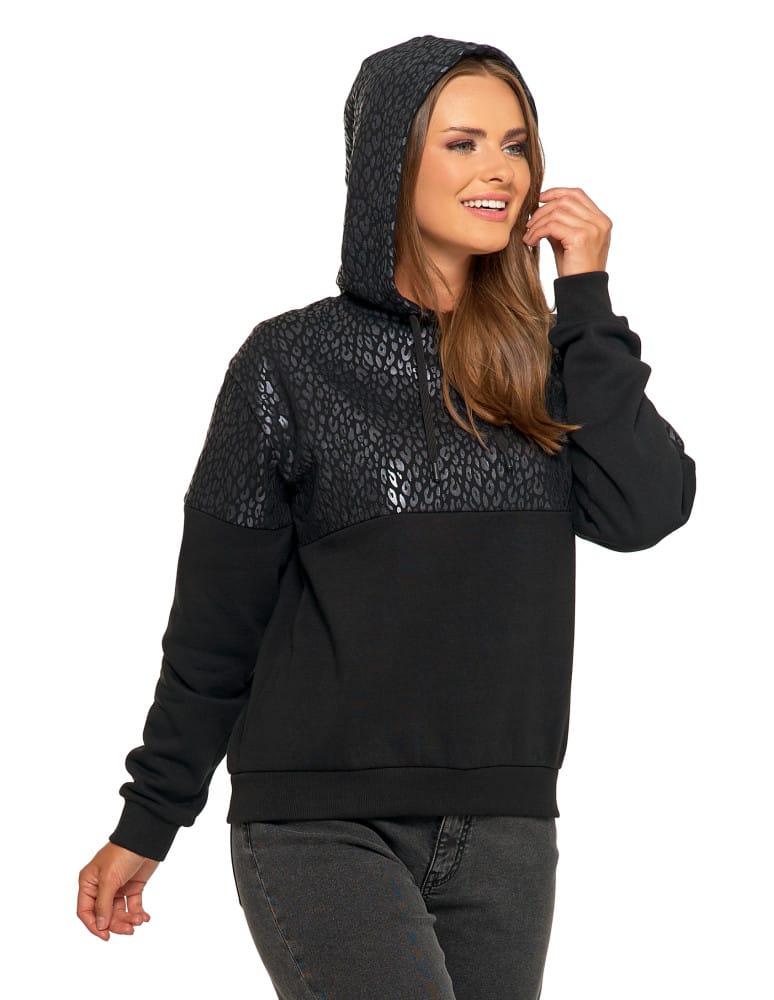 Bluzy damskie - Damska bluza z kapturem ocieplana z motywem graficznym CZARNY  - produkt moraj.pl 6
