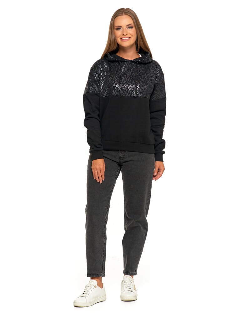 Bluzy damskie - Damska bluza z kapturem ocieplana z motywem graficznym CZARNY  - produkt moraj.pl 8