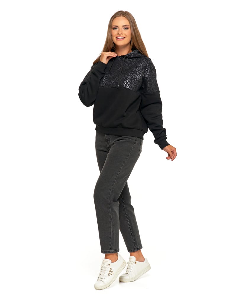 Bluzy damskie - Damska bluza z kapturem ocieplana z motywem graficznym CZARNY  - produkt moraj.pl 11