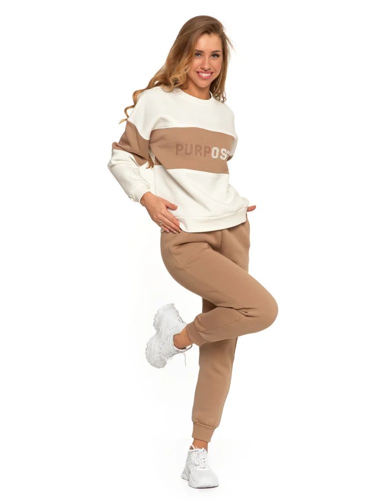 Bluzy damskie - Damska bluza luźna ocieplana z napisem BEŻOWY  - produkt moraj.pl 5