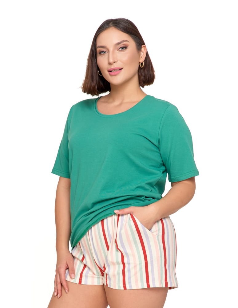 Krótki rękaw - Piżama damska bawełniana Plus Size krótka pastelowe paski ZIELONY  - produkt moraj.pl 2