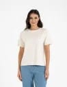 T-shirt damski luźny z haftowanym wzorem KREMOWY