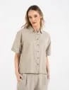 Koszula damska casual elegancka z lnu i wiskozy i krótkim rękawem ZIELONY
