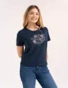 Bawełniany t-shirt damski z krótkim rękawem w stylu boho GRANATOWY