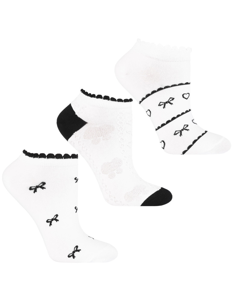 Damskie skarpetki stopki z falbanką w serca i kokardki 3-pak (Kolor: BIAŁY - Rozmiar: 35-38)