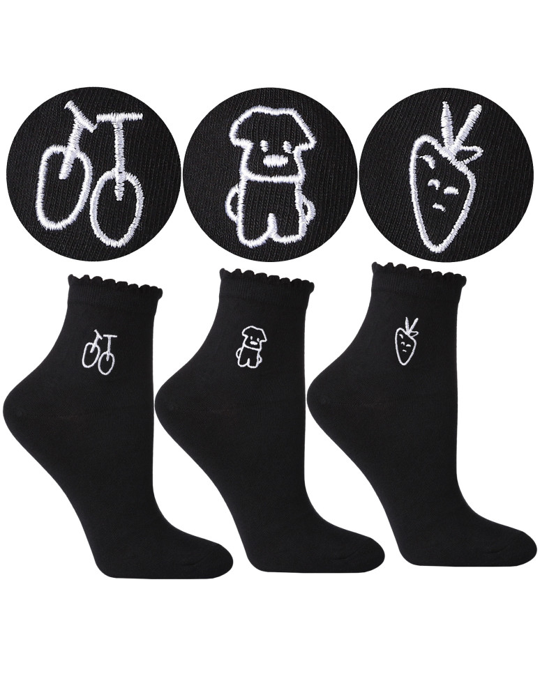 Damskie skarpetki z białym haftem za kostkę 3-pak (Kolor: CZARNY - Rozmiar: 35-38)