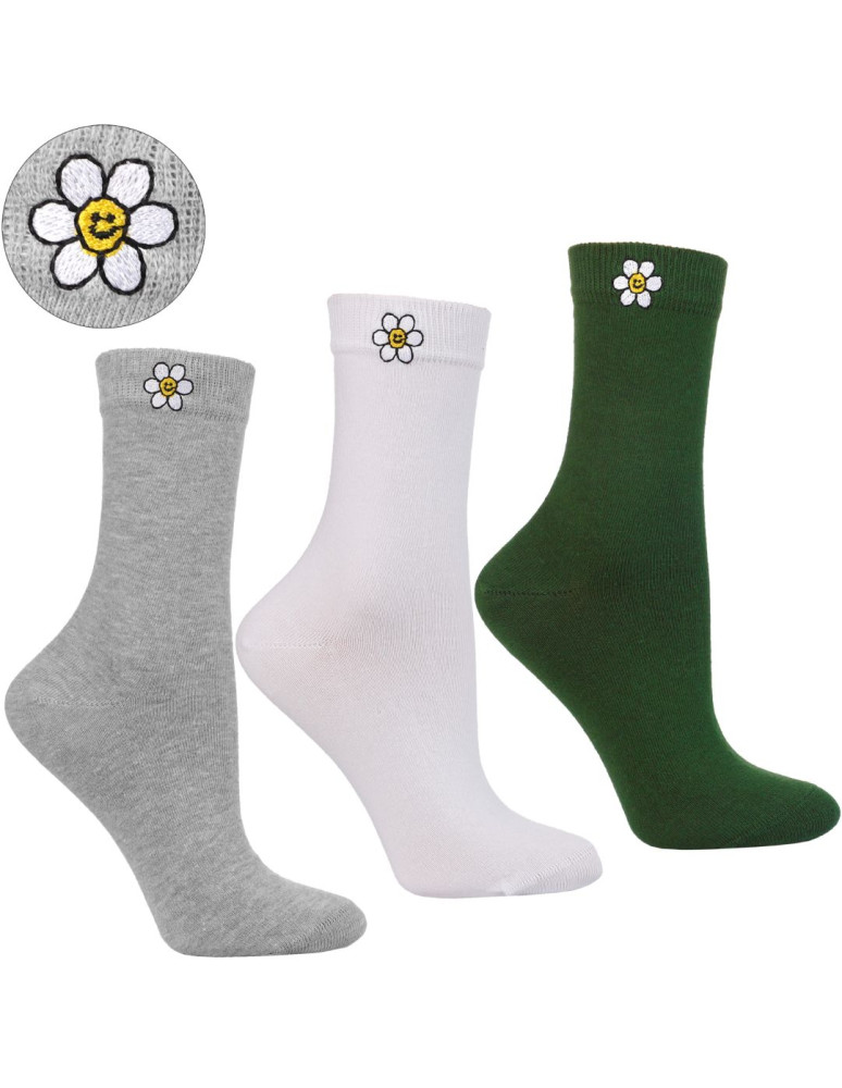 Skarpetki długie damskie bawełniane z haftem stokrotka 3-pak (Kolor: WIELOKOLOROWY - Rozmiar: 35-38)