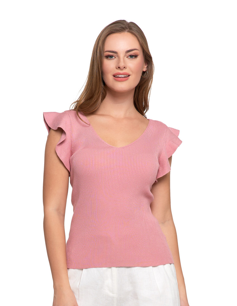 Dzianinowa bluzka z prążkowanej wiskozy z falbankami (Kolor: BIAŁY - Rozmiar: L)