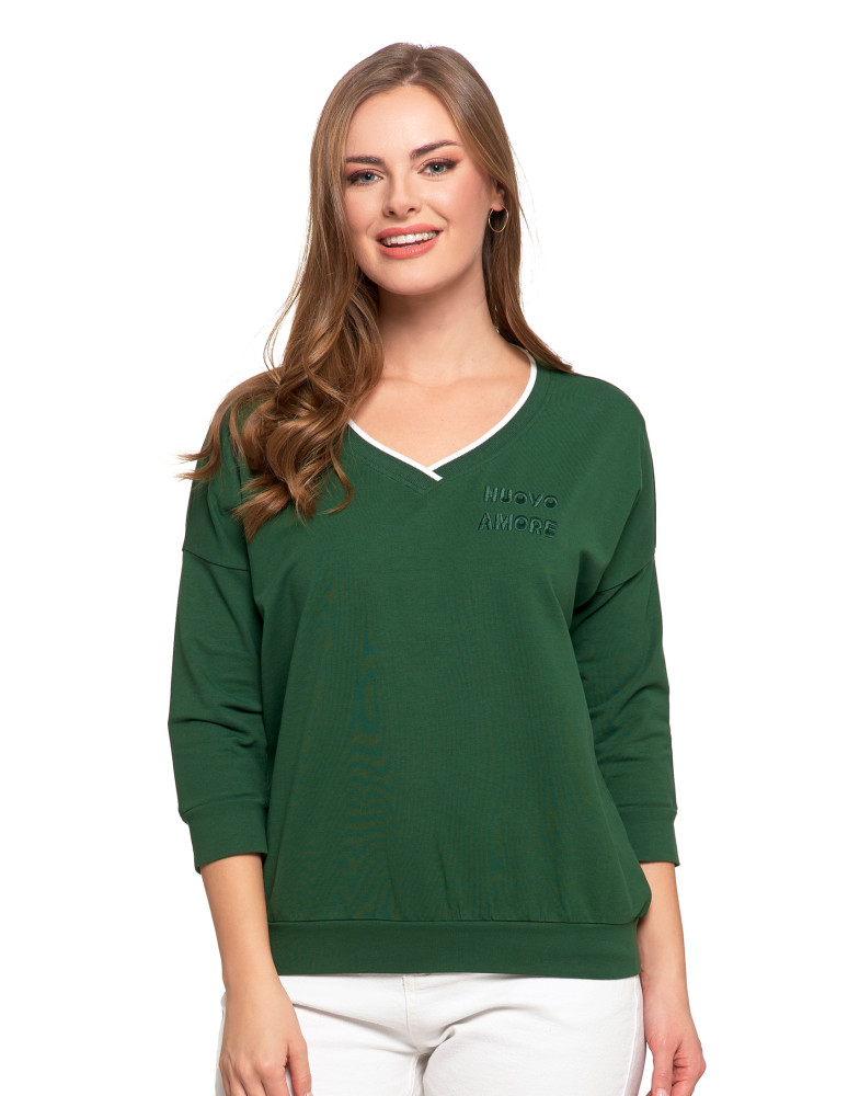 Bluzka damska bawełniana z rękawem 3/4 i efektowynym haftem (Rozmiar: S - Kolor: NIEBIESKI)