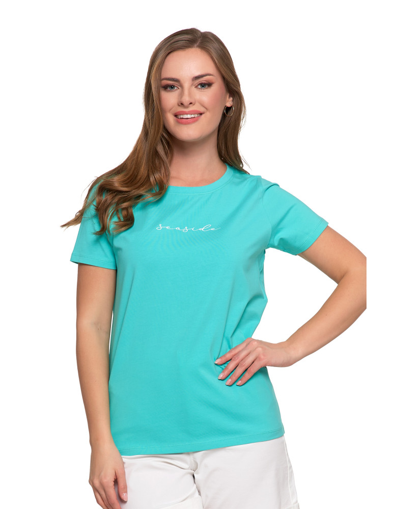 T-shirt damski bawełniany klasyczny z napisem (Kolor: NIEBIESKI - Rozmiar: M)