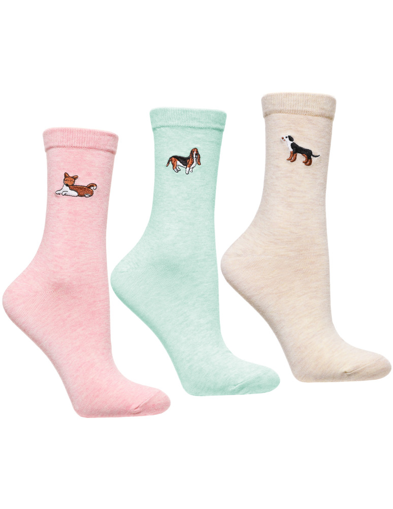 Skarpetki damskie długie z haftowanymi pieskami 3-pak (Kolor: WIELOKOLOROWY - Rozmiar: 38-41)