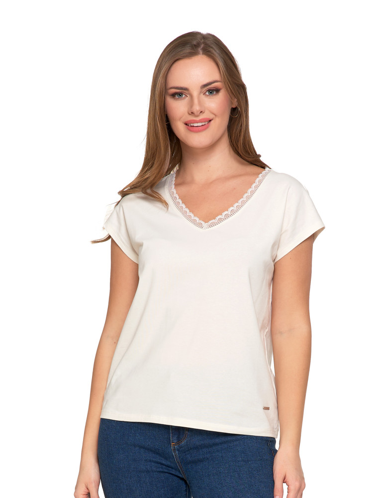 Bluzka damska bawełniana z koronkowym dekoltem (Rozmiar: S - Kolor: GRANATOWY)