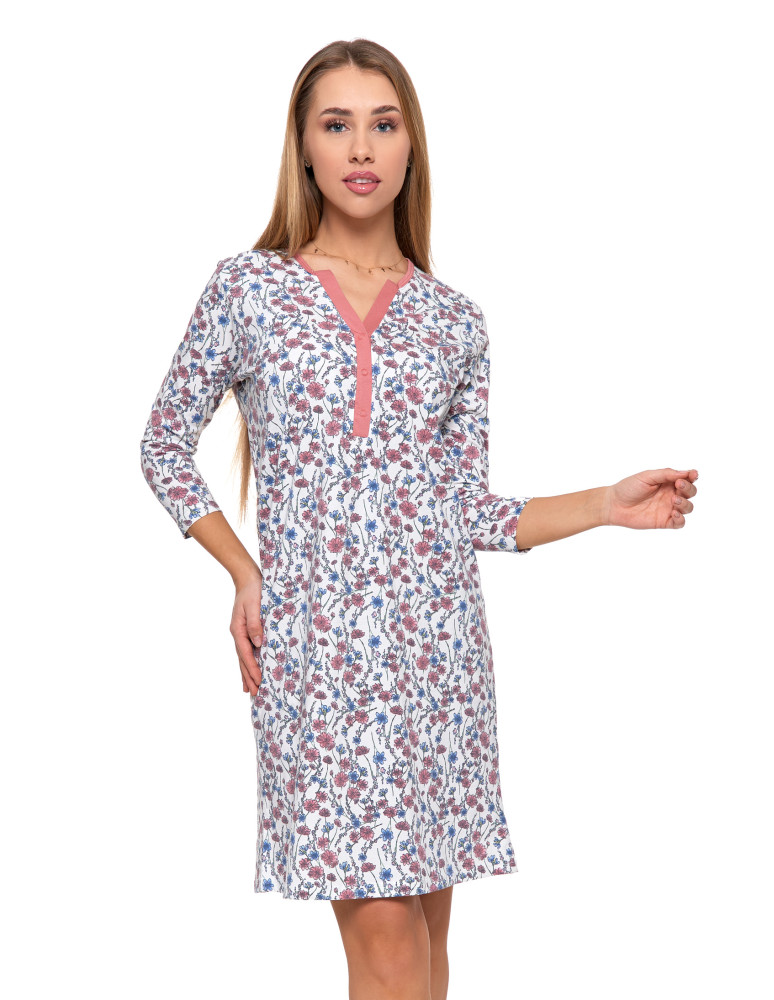 Damska koszula nocna bawełniana rozpinana z rękawem 3/4 (Rozmiar: L - Kolor: WZÓR 1)