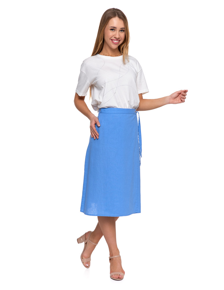 Lniana spódnica damska trapezowa z wiązaniem w pasie (Kolor: BIAŁY - Rozmiar: S/M)