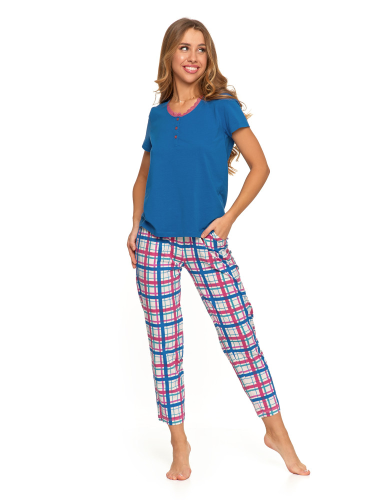 Piżama damska z krótkim rękawem z koronką bawełniana (Kolor: GRANATOWY - Rozmiar: L)