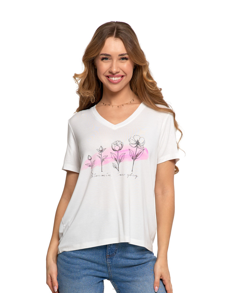 T-shirt damski z nadrukiem z wiskozy (Rozmiar: S - Kolor: NIEBIESKI)