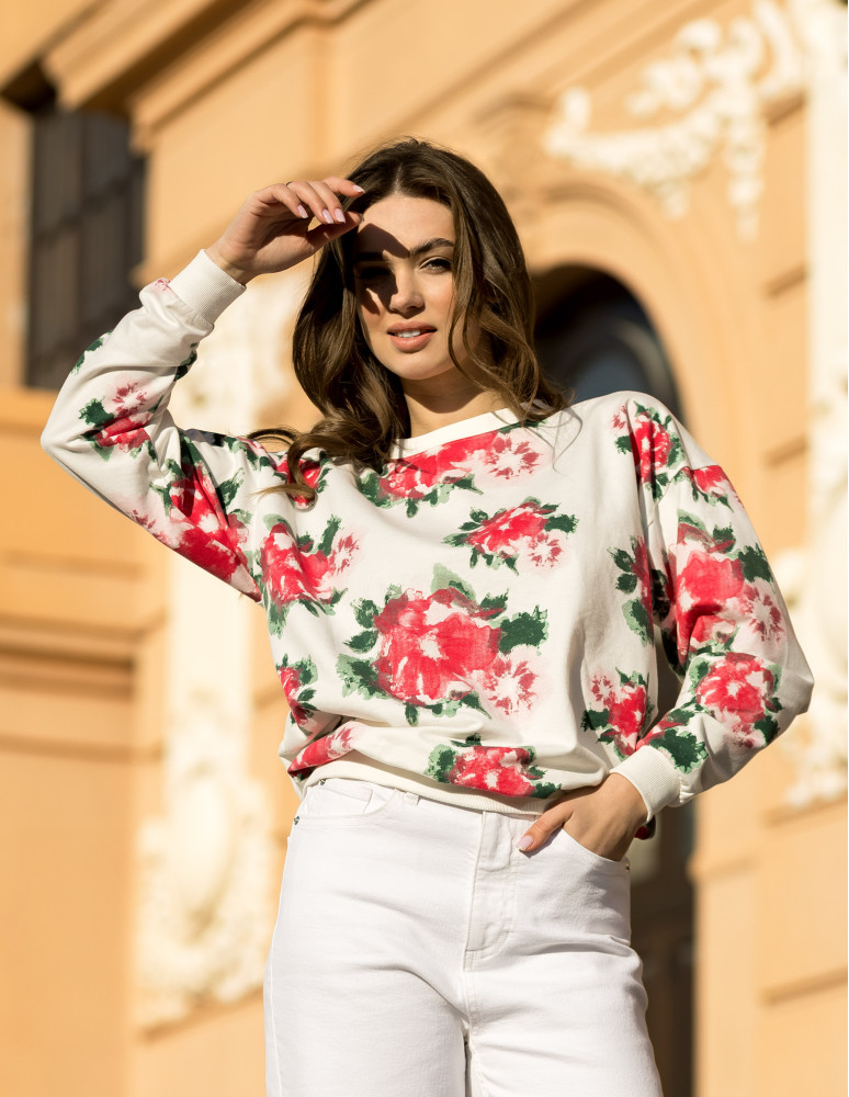 Bluza dresowa damska z kwiatowym nadrukiem (Kolor: BIAŁY - Rozmiar: 3XL)