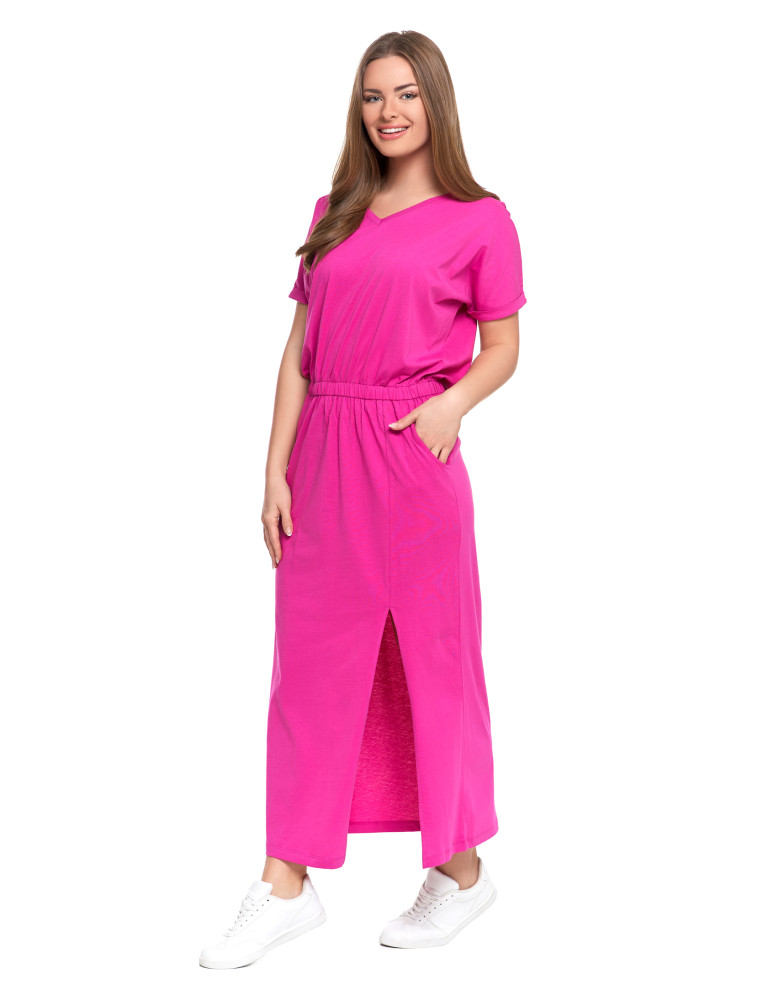 Sukienka damska maxi z rozcięciem i dekoltem V bawełniana (Rozmiar: L - Kolor: FIOLETOWY)