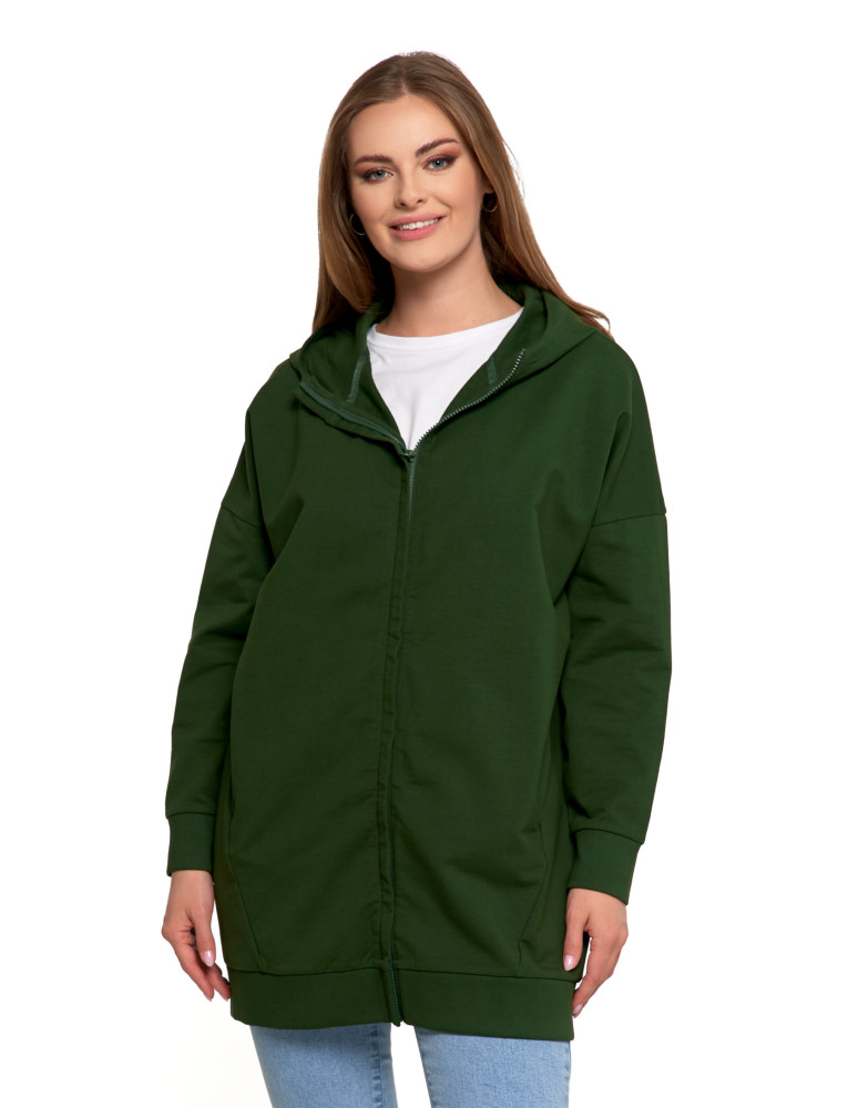 Bluza damska dresowa długa z kapturem i zamkiem (Kolor: CZARNY - Rozmiar: XL/2XL)