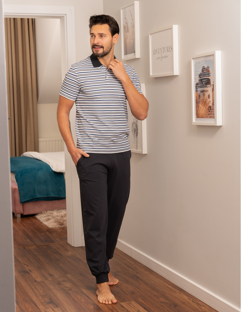 Piżama męska z krótkim rękawem i długimi spodniami (Kolor: SZARY - Rozmiar: XL)