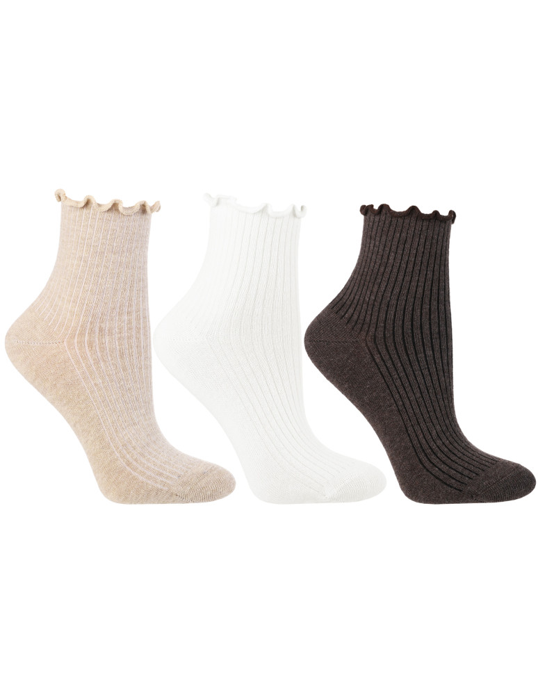 Skarpetki damskie za kostkę prążkowane z falbanką 3-pak (Kolor: WIELOKOLOROWY - Rozmiar: 38-41)