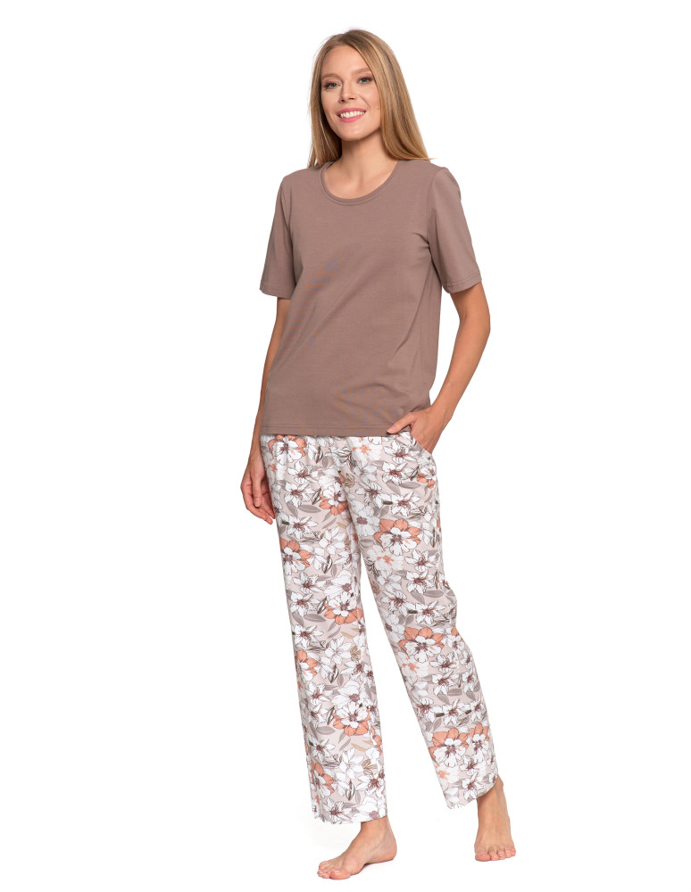 Piżama damska z krótkim rękawem długie spodnie w kwiaty (Rozmiar: L - Kolor: KREMOWY)