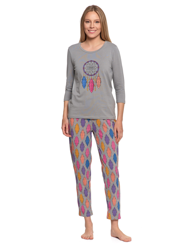 Piżama damska dwuczęściowa z rękawem 3/4 motyw łapacza snów (Rozmiar: M - Kolor: SZARY)
